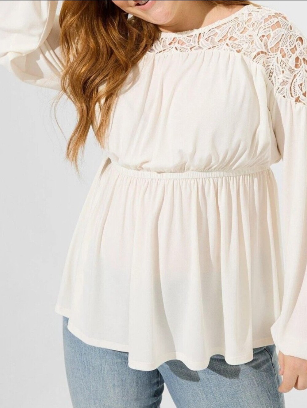 Torrid Studio Crepe Crew Neck Lace Yoke Babydoll Top